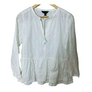 J. Crew Women's White Boho Blouse Embroidered Cotton w/Ruffle Tassel Tie Size 2